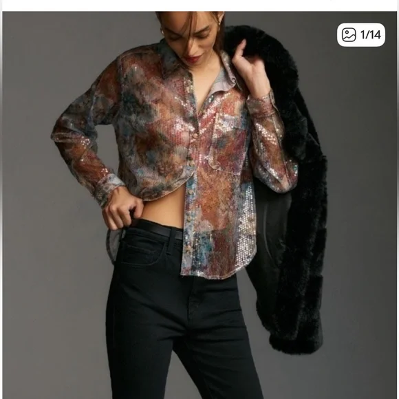 Pilcro Anthropologie sheer sequined button front shirt - size MP - Picture 3 of 7
